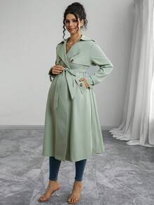 Momance Solid Color Front Pocket Pleated Casual Maternity Regular Jacket - Green - View 1