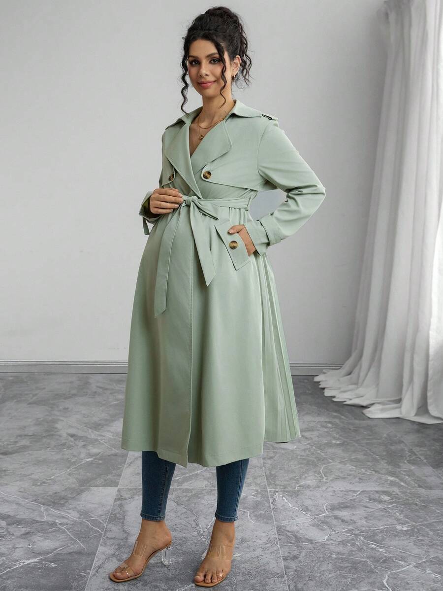 Momance Solid Color Front Pocket Pleated Casual Maternity Regular Jacket - Green - View 1