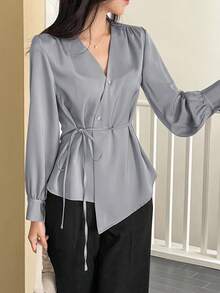 DAZY Elegant French Style V-Neck Tie-Waist Slim Fit Blouse For Mature Women Long Sleeve Top