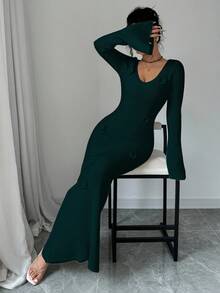 Elenzga Váy len dệt kim dài tay loe họa tiết hoa 3D cổ chữ V sâu thanh lịch dành cho nữ, thích hợp cho đám cưới, tiệc ngày lễ tình nhân, kỳ nghỉ, mặc nhà & ngoài trời, mùa thu/đông - Màu xanh lá cây đậm - Xem 5