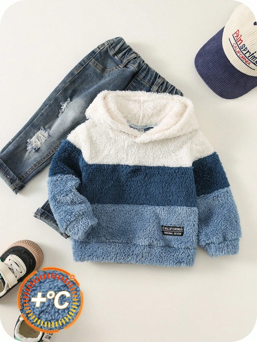 SHEIN 可爱撞色蓬松长袖卫衣,适合男宝宝,男女通用,适合宝宝冬季和深秋穿着 - 彩色 - 查看 1