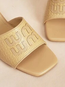 Rosivie Women's Square Toe Woven Stiletto Heels Mid Heel Gold High Heel Sandals - Apricot - View 5