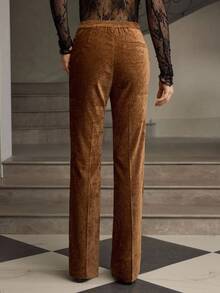 ZEYLAH Women's High Waist Wide Leg Solid Color Pants, Elegant, Autumn/Winter - Brown - View 3