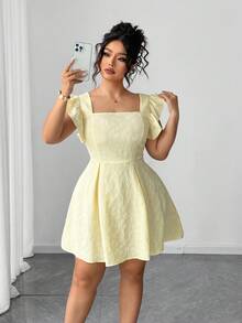 Elenzga Elegant Jacquard Ruffle Hem Dress In Light Yellow Centella