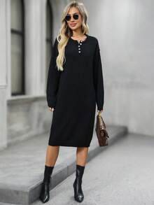 EMERY ROSE 女士休闲纯色针织连衣裙，百搭秋冬 - 黑色 - 查看 6