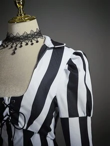 SHEIN ICON 女式万圣节夸张条纹泡泡袖哥特式上衣 - 黑與白 - 查看 6