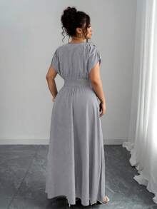 Elenzga Vestido maxi casual de talla grande para mujer con bordado en la cintura, vestido elegante y estilizador de estilo bohemio con estampado de paisley, cuello en V profundo, hombros fruncidos y cintura ceñida, para salidas, té de la tarde, fiestas, uso diario y vacaciones