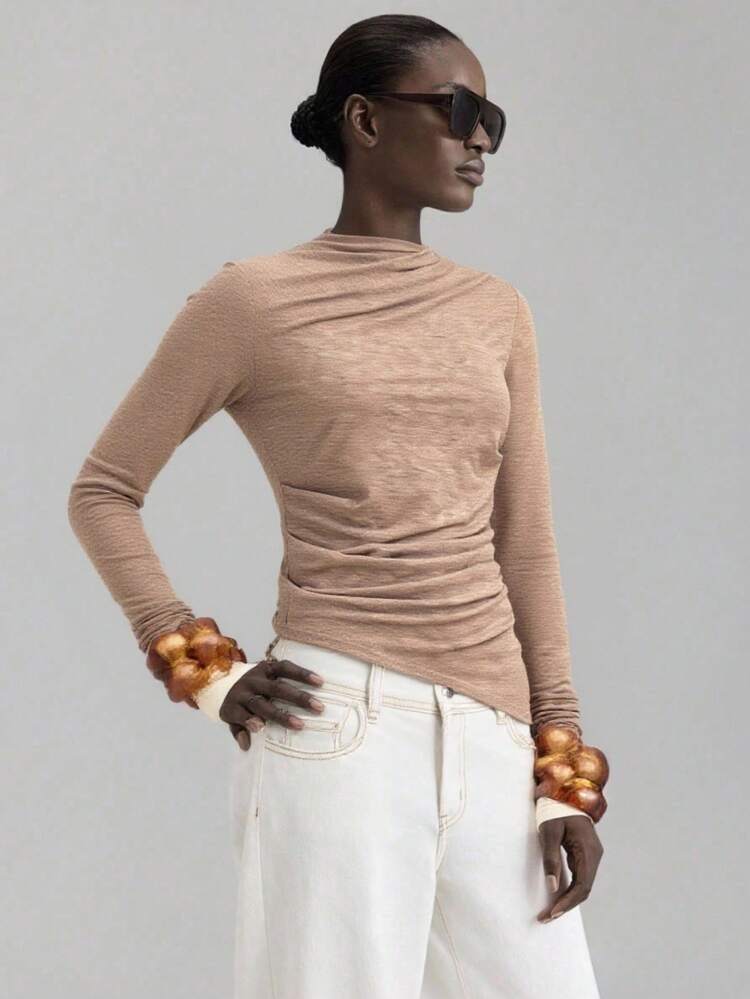 Camel Autumn Chic Vacation Women's Long Sleeve T-Shirt,Minimalist Knitted Khaki Ruched Asymmetric Hem Fitted Top,Elegant Old Money Office Wear