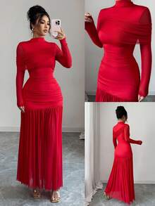SHEIN Elenzya Váy maxi chữ A xếp ly lưới khoét lỗ hở gợi cảm thời trang thu đông mới, màu đỏ trơn cổ đứng, thích hợp cho tiệc tốt nghiệp, sự kiện ngày lễ, kỳ nghỉ, hẹn hò, Giáng sinh, Halloween - Đỏ - Xem 1