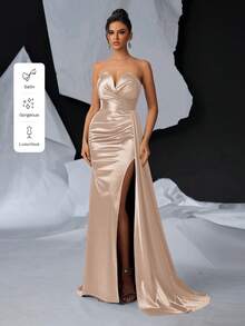 Glamrae Elegant Luxurious V-Neck Ruched Decor Side Draped High Slit Fishtail Maxi Dress, Evening Gown - Apricot - View 8