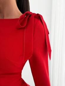 EURMUSE Women, Autumn, Short Dress, Tie Shoulder, Zipper, Flare Sleeve, - Red - View 7