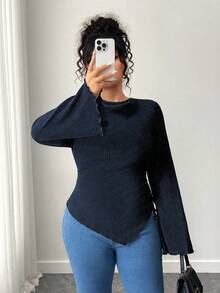 Elenzga Kaos Kasual Wanita Ukuran Besar Warna Polos Kerah Tinggi Lengan Lebar Hem Asimetris - Navy Blue - View 5
