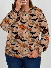 EMERY ROSE Halloween Ghost, Bat, Pumpkin Print Plus Size Women Casual Loose Fit Crew Neck Long Sleeve Pullover Sweatshirt, Autumn/Winter Fall Ghost Print Sweater Fall Sweater Bat Sweater Halloween Sweater Pumpkin Sweater Autumn Print Cardigan Fall Tops Fall Shirts Artwork Print Design Sweater Ladies Long Sleeve Sweater - Multicolor - View 3