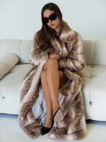 SHEIN ICON Long Loose Faux Fur Coat With Fawn Pattern Women Faux Fur Coats In Fall/Winter - Brown - View 6