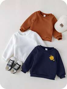 SHEIN 3 件套婴儿男女款休闲可爱运动街头服饰基本款简约脸部卡通图案舒适时尚圆领运动衫，黑色、白色、卡其色，适合春季、秋季、冬季 - 棕色 - 查看 2
