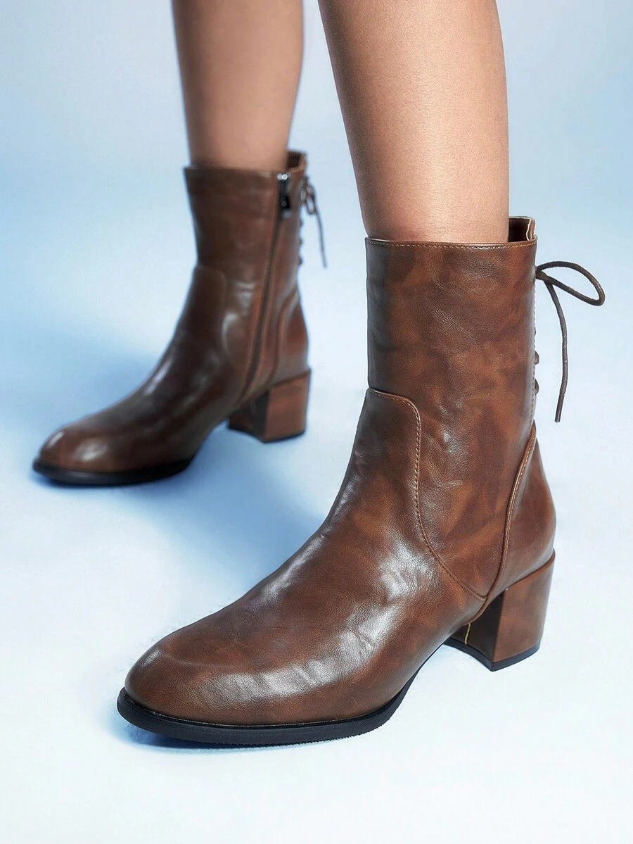 Sugerpunk Brown Vintage Pointed Toe Chunky Heel Lace-Up Side Zipper Mid-Calf Boots - Brown - View 1