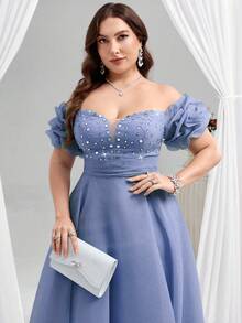 Coutiva Elegante vestido de bola de manga corta con hombros caídos, cuello en V profundo, plisado abultado y detalles de strass a cuadros, adecuado para fiestas de cumpleaños, ceremonias de graduación y cenas