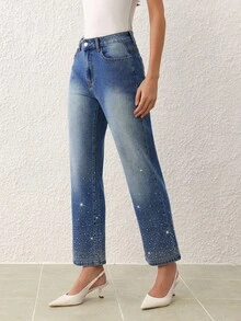 SHEIN Essnce Women's Casual Washed Rhinestone Flare Jeans - Blue - View 6