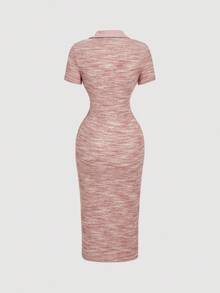 SHEIN MOD Váy dài vừa phải, tay ngắn, chất liệu vải tuýt kẻ caro có cổ - Hồng - Xem 2