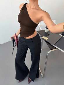 Siren Gaze 情人节扭纹单肩上衣 女士优雅修身上衣 - 棕色 - 查看 5