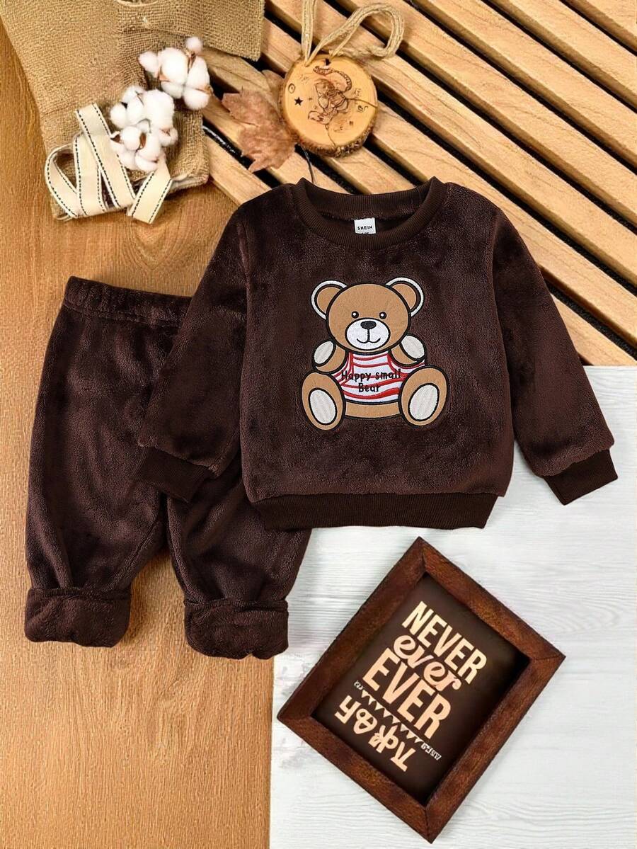 SHEIN Cute Round Neck Plush Baby Boy Outfit Fall Winter - Chocolate Brown - View 1