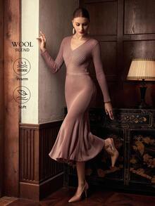 ZEYLAH 优雅V领鱼尾下摆渐变腰连衣裙，秋冬 - 藕粉色 - 查看 1