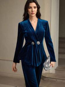 ZEYLAH Pleated Waist Velvet Collarless Blazer, Autumn/Winter - Blue - View 6
