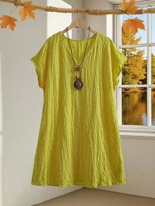 EMERY ROSE Plus Size Women V-Neck Short Sleeve Ruched Straight Casual Country Dress For Women Summer Outfits Spring Outfits For Women Western Wear Women Easter Dress Women Vacation Outfits Women - Mustard Yellow - View 1