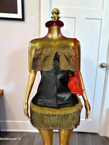 Slaydiva Autumn Women's Black PU Summer Tube Top, 70s Y2K Chic Patchwork Furry Collar Buttoned Neckline Asymmetric Hem, Viral Style Club Party Birthday - Black - View 6