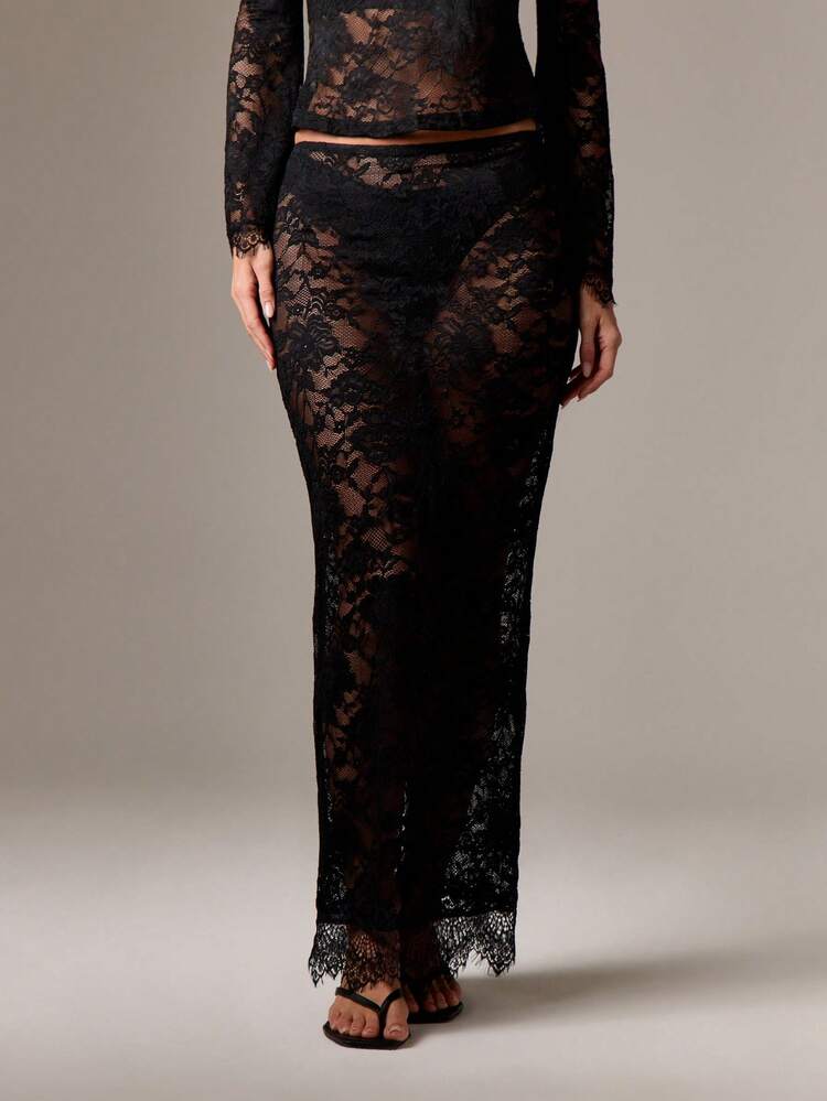 AiiRZ Midaxi Pencil Skirt With Intricate Lace And Eyelash Hem For Evening Party Occasions