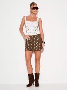 KIZN Studded White Tank Top Women Sleeveless Square Neck Crop Fitted Summer Casual Club Party Eyelet Fashion Top With Metallic Grommets Polka Dot Pattern - White - View 4