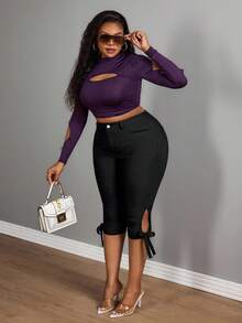 Slaydiva سراويل كابري ضيقة سكسية مع شق الكاحل والفيونكة للنساء ذوات الحجم الكبير باللون الأسود والمطاط - الأسود - مشاهدة 4