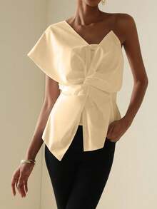 Vesra Bluzka damska w jednolitym kolorze z węzłem w talii i modnym wzorem - Kolor khaki - Zobacz 6