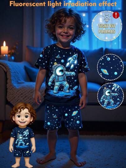2 piezas Conjunto de pijama para niños pequeños, parte superior de cuello de tripulación elástica con estampado de astronauta que brilla con luz UV y pantalones con estampado de estrellas para ropa de casa con regalo de brillo nocturno (Pijama de astronauta ajustado para bebé, moda de regreso a la escuela)