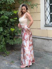 Jeta Ari 女士优雅百搭 A 字型中长裙，带圆点印花缎面长裙，女士服装 - 咖啡棕 - 查看 4