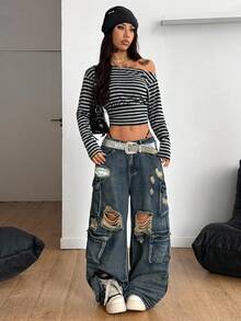 Coolane Tricou de damă pentru iarnă/toamnă, streetwear, ieșiri în oraș, vintage, casual, punk, Gyaru, cu dungi, elastic, negru, slim fit, cu guler asimetric, cu mânecă lungă - Negru - Vizualizare 6