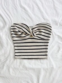 Soleia Women's Beach Fashion Women Striped Twist Bandeau Crop Top, Versatile Summer Wear