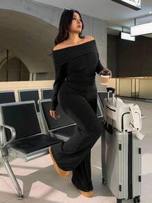 SHEIN EZwear 大码休闲家居服简约露肩粗条纹两件套 - 黑色 - 查看 4