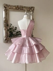 Lovelzi 优雅浪漫粉色缎面闪亮不对称褶饰水钻装饰束腰三层荷叶边下摆派对舞会礼服 - 淺粉色 - 查看 3