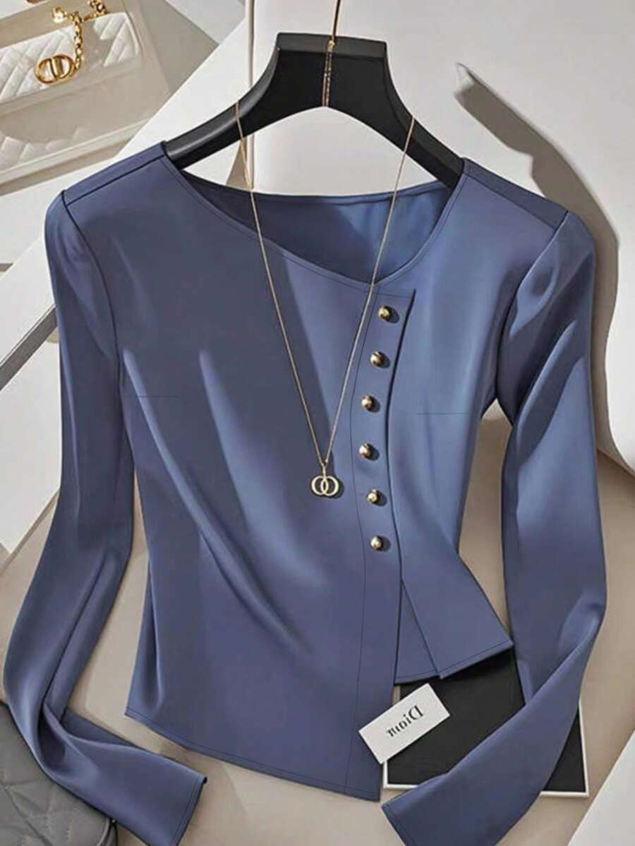 Franclia 女士不对称领长袖优雅性感衬衫，亮蓝色女士衬衫 - 奢华闪亮面料，圆领基础款上衣，易于搭配牛仔裤/裙子，适合秋季、乡村、商务休闲、外出等各种场合。 - 藍色 - 查看 1