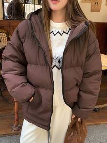 DAZY 女士宽松连帽绗缝羽绒服，纯色，加厚保暖内衬，秋冬女式外套 - 咖啡棕 - 查看 3