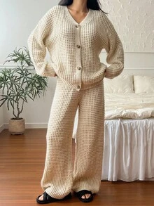 DAZY 女士简约针织宽松家居服套装，冬季睡衣，舒适套装，秋季服装 - 杏色 - 查看 7