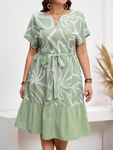 Miaspire Plus Size Women Line Pattern V-Neck Bat Sleeve Casual Elegant  Dress  Spring Outfits For Women  Summer Outfits  Vacation Outfits Woman Country Outfits Women