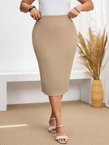 EMERY ROSE 加大码 Old Money 纯色 A 字裙，休闲时尚，适合日常穿着，女士夏季服装，女士度假服装 - 杏色 - 查看 6