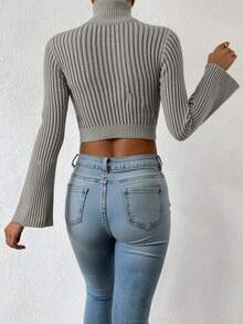 EURMUSE Cable Knit Mock Neck Flare Sleeve Crop Sweater - Dark Grey - View 2