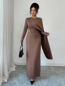 Selianne Robe longue marron ajustée élégante pour femme, automne - Tabac - Voir 3