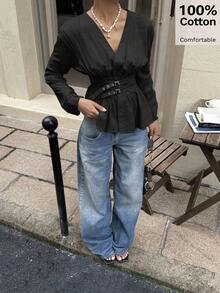 Siren Gaze 双排扣双收腰收腰长袖衬衫，柔软亲肤，适合工作或度假 - 黑色 - 查看 8