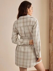 Wildy Women's Christmas Clothes Fall Dress Women's Fashionable Casual Plaid Print Single-Breasted Short Dress Plaid Dress Women Shirt Dress Western Dress Button Up Dress Long Sleeve Going Out Dress Going Out Outfits Plaid Mini Dress New Year Women's Clothes Elegant Dresses - Apricot - View 2