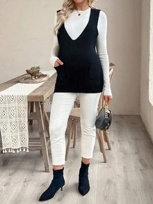SHEIN Maternity Solid Color Deep V-Neck Dual Pocket Casual Loose Knit Vest, Autumn/Winter - Black - View 4