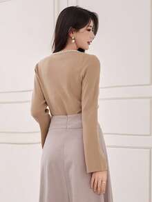 DAZY Suéter de cuello redondo con cuentas para mujer, otoño